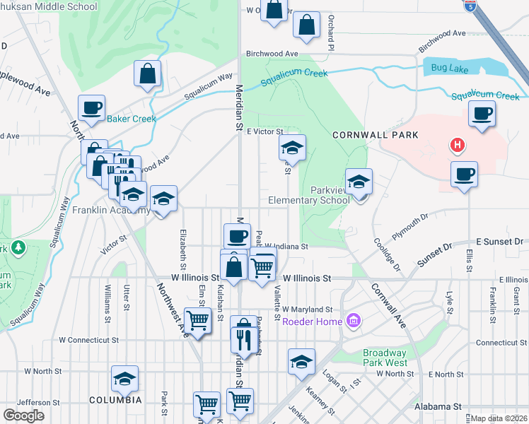 map of restaurants, bars, coffee shops, grocery stores, and more near 906 West Oregon Street in Bellingham