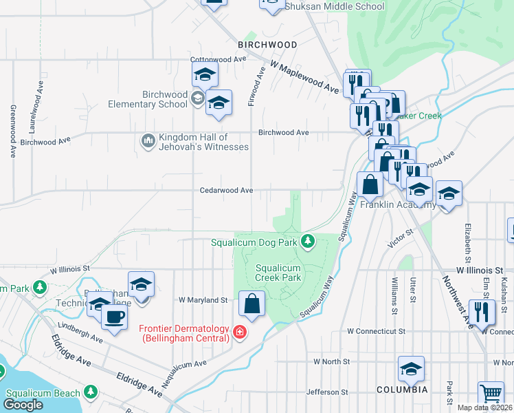 map of restaurants, bars, coffee shops, grocery stores, and more near 2727 Cedarwood Avenue in Bellingham