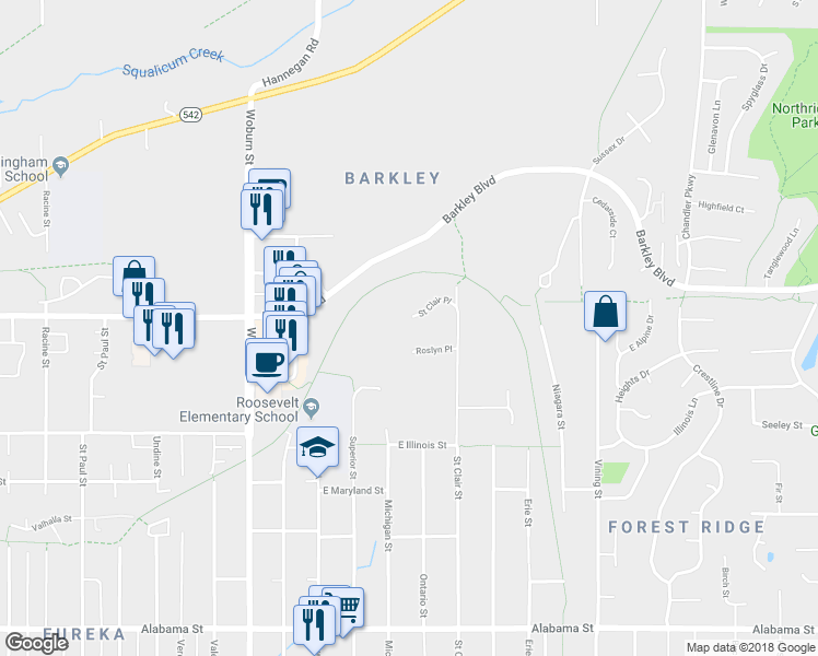 map of restaurants, bars, coffee shops, grocery stores, and more near 2610 St Clair Pl in Bellingham