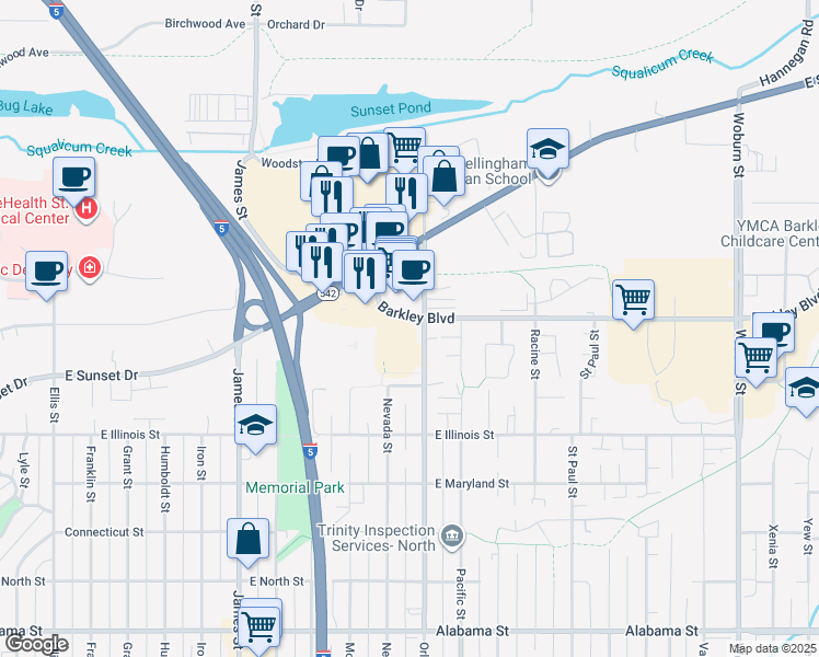map of restaurants, bars, coffee shops, grocery stores, and more near 1270 Barkley Boulevard in Bellingham