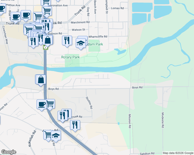 map of restaurants, bars, coffee shops, grocery stores, and more near 2885 Boys Road in Duncan