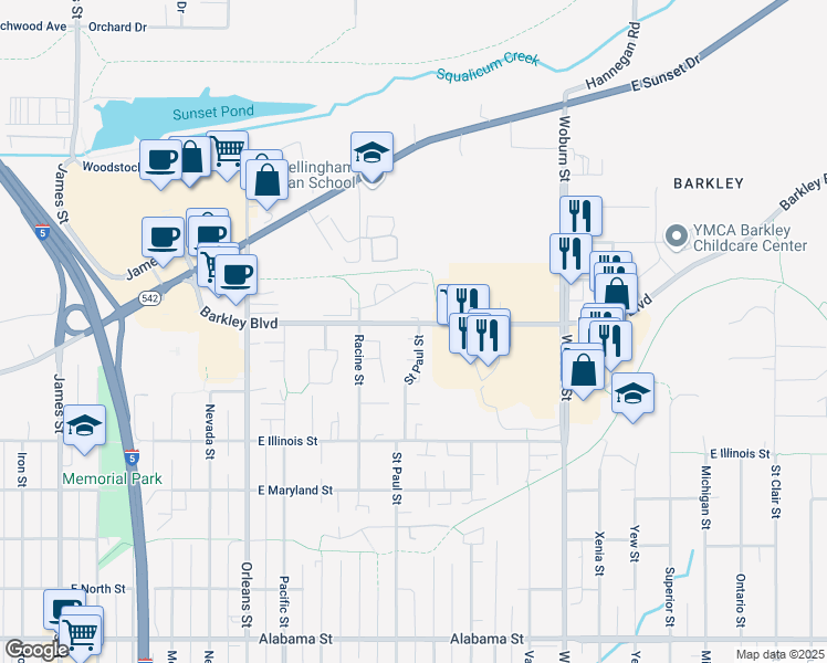map of restaurants, bars, coffee shops, grocery stores, and more near 1721 Akron Court in Bellingham