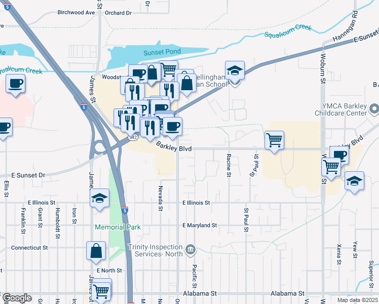 map of restaurants, bars, coffee shops, grocery stores, and more near 1306 Barkley Boulevard in Bellingham
