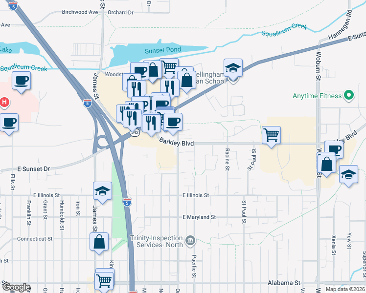 map of restaurants, bars, coffee shops, grocery stores, and more near 1306 Barkley Boulevard in Bellingham