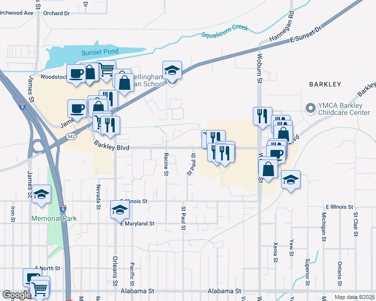 map of restaurants, bars, coffee shops, grocery stores, and more near 1721 Akron Court in Bellingham