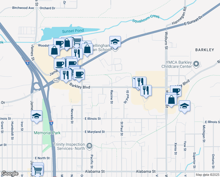 map of restaurants, bars, coffee shops, grocery stores, and more near 3037 Racine Street in Bellingham