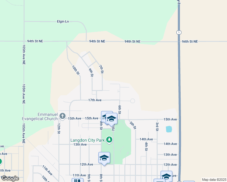 map of restaurants, bars, coffee shops, grocery stores, and more near 1724 6th Street in Langdon