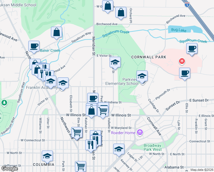 map of restaurants, bars, coffee shops, grocery stores, and more near 906 West Oregon Street in Bellingham
