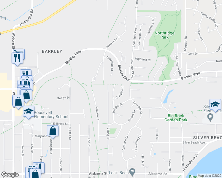 map of restaurants, bars, coffee shops, grocery stores, and more near 3029 West Alpine Drive in Bellingham