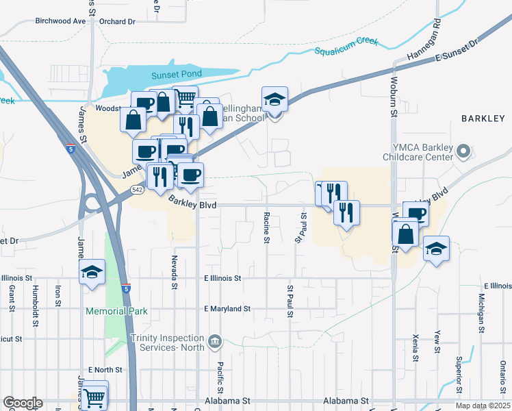 map of restaurants, bars, coffee shops, grocery stores, and more near 3037 Racine Street in Bellingham