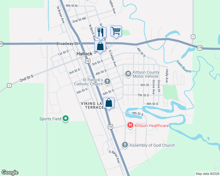 map of restaurants, bars, coffee shops, grocery stores, and more near 520 South Birch Avenue in Hallock