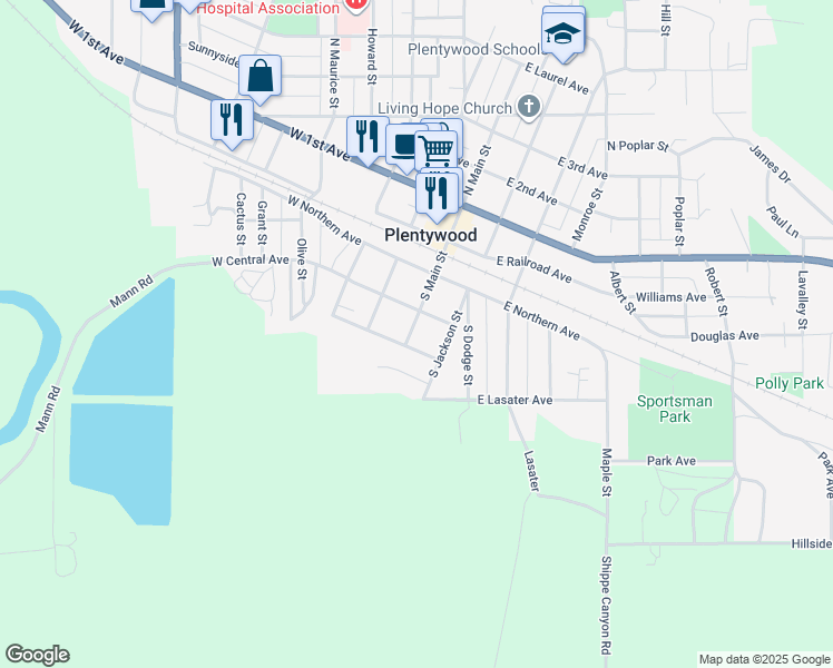 map of restaurants, bars, coffee shops, grocery stores, and more near 309 South Main Street in Plentywood