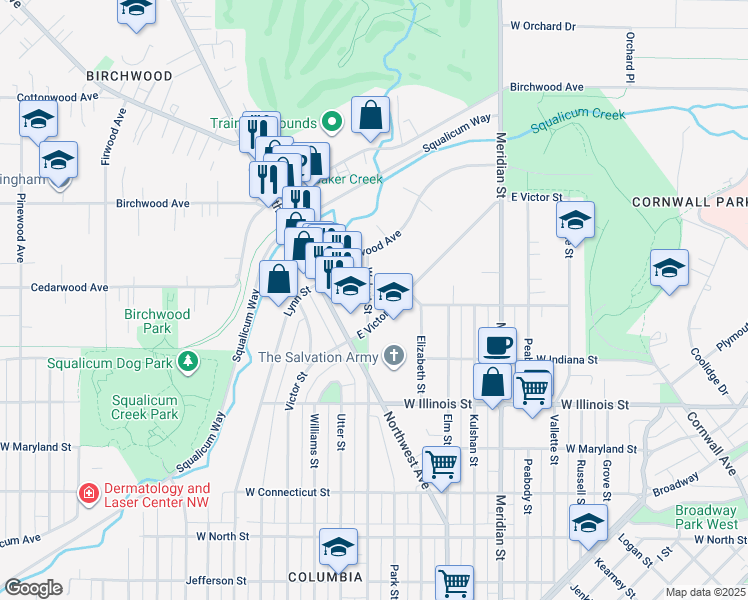 map of restaurants, bars, coffee shops, grocery stores, and more near 3008 Walnut Street in Bellingham