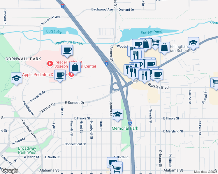 map of restaurants, bars, coffee shops, grocery stores, and more near 3414 Plymouth Drive in Bellingham