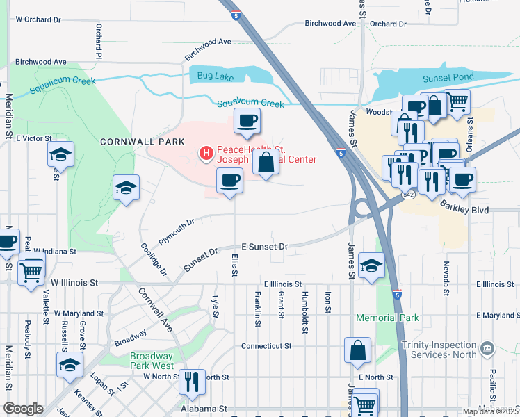 map of restaurants, bars, coffee shops, grocery stores, and more near 3103 Plymouth Drive in Bellingham