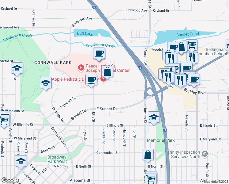 map of restaurants, bars, coffee shops, grocery stores, and more near 3201 Plymouth Drive in Bellingham