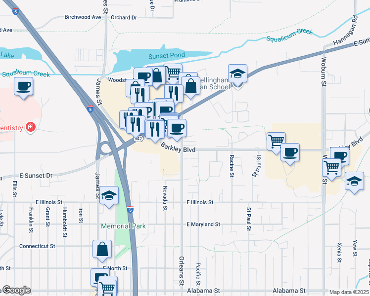 map of restaurants, bars, coffee shops, grocery stores, and more near 1306 Barkley Boulevard in Bellingham