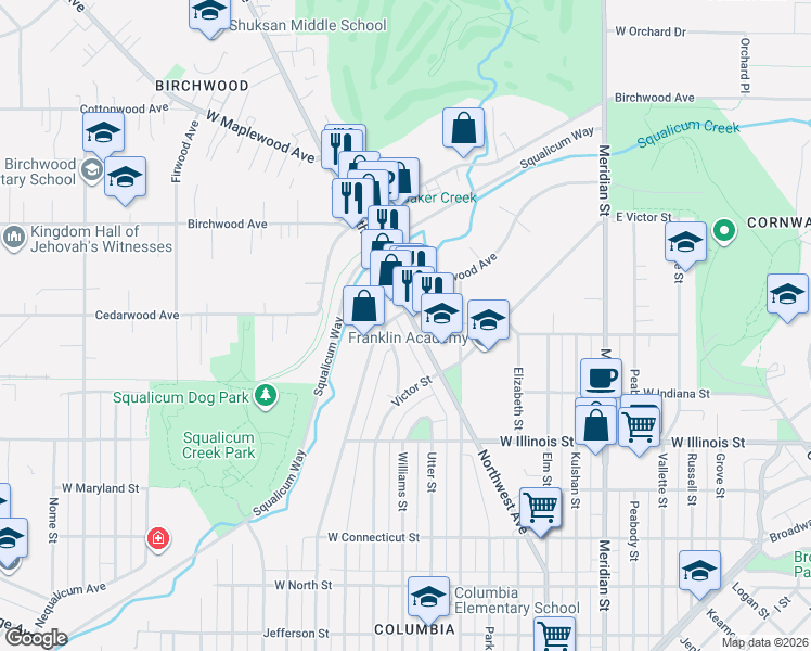 map of restaurants, bars, coffee shops, grocery stores, and more near 3040 Tulip Road in Bellingham