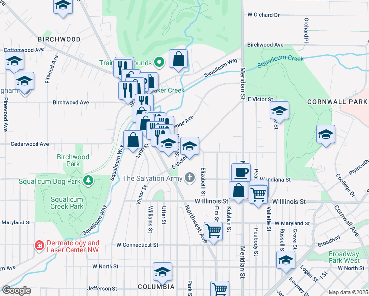 map of restaurants, bars, coffee shops, grocery stores, and more near 3008 Walnut Street in Bellingham