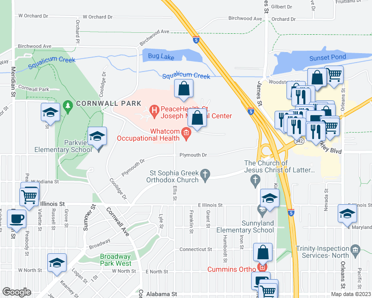 map of restaurants, bars, coffee shops, grocery stores, and more near 3103 Plymouth Drive in Bellingham