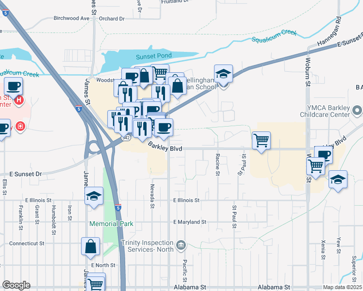 map of restaurants, bars, coffee shops, grocery stores, and more near 1317 Barkley Boulevard in Bellingham