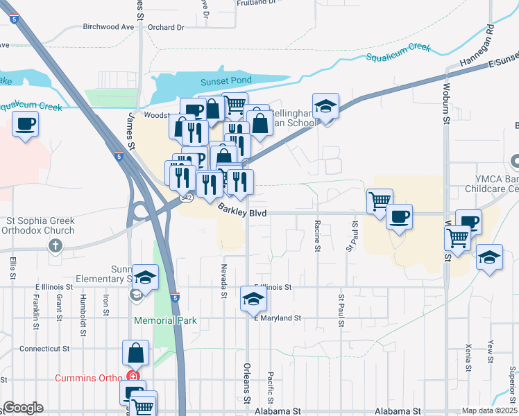 map of restaurants, bars, coffee shops, grocery stores, and more near 1307 Barkley Boulevard in Bellingham