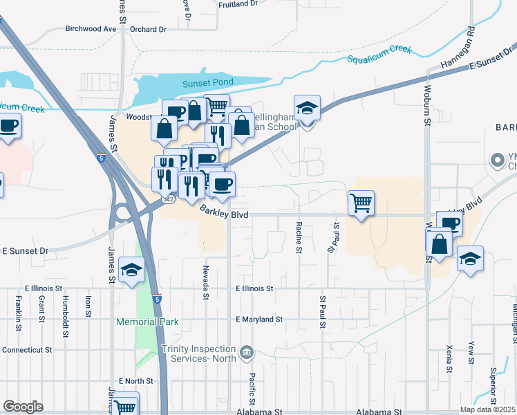 map of restaurants, bars, coffee shops, grocery stores, and more near 1415 Barkley Boulevard in Bellingham