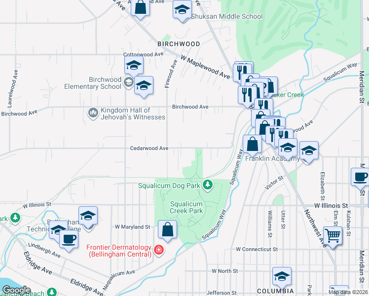 map of restaurants, bars, coffee shops, grocery stores, and more near 2727 Cedarwood Avenue in Bellingham