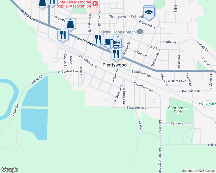 map of restaurants, bars, coffee shops, grocery stores, and more near 309 South Main Street in Plentywood
