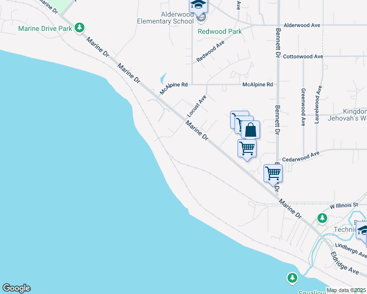 map of restaurants, bars, coffee shops, grocery stores, and more near 851 Marine Drive in Bellingham