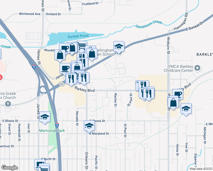 map of restaurants, bars, coffee shops, grocery stores, and more near 3115 Racine Street in Bellingham