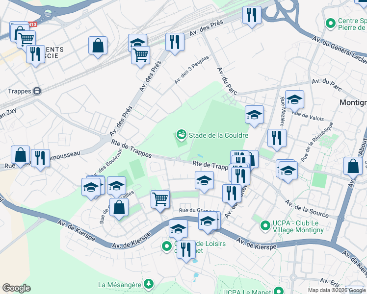 map of restaurants, bars, coffee shops, grocery stores, and more near in Montigny-le-Bretonneux