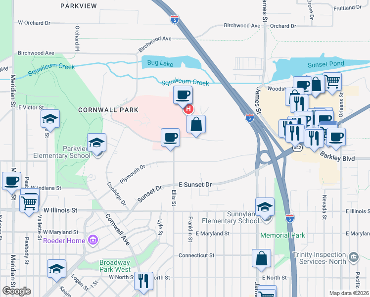 map of restaurants, bars, coffee shops, grocery stores, and more near 3103 Plymouth Drive in Bellingham