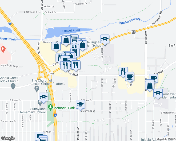map of restaurants, bars, coffee shops, grocery stores, and more near in Bellingham