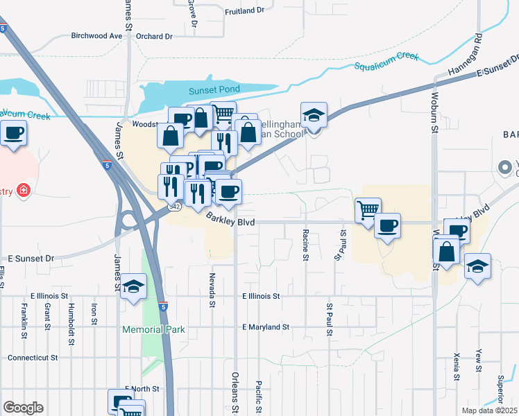 map of restaurants, bars, coffee shops, grocery stores, and more near in Bellingham