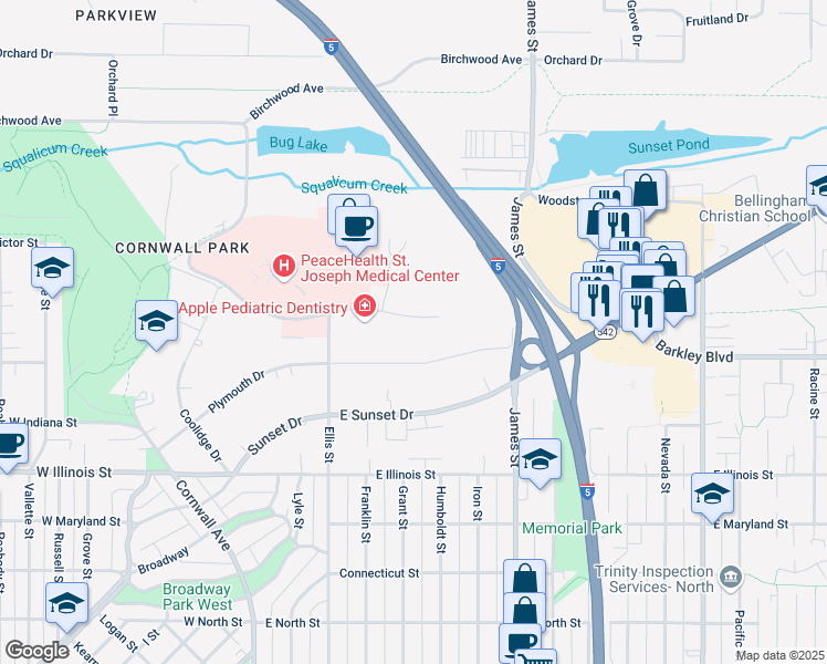 map of restaurants, bars, coffee shops, grocery stores, and more near 3201 Plymouth Drive in Bellingham