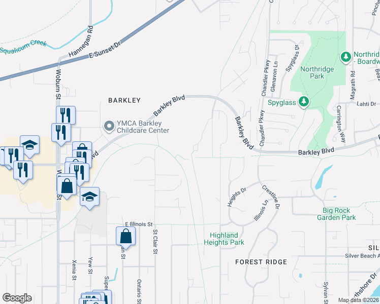map of restaurants, bars, coffee shops, grocery stores, and more near 3119 Brandywine Court in Bellingham