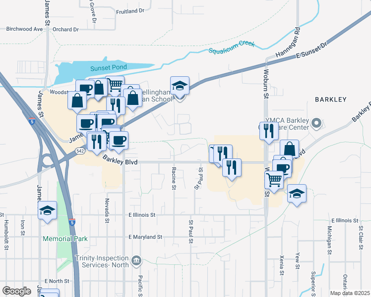 map of restaurants, bars, coffee shops, grocery stores, and more near 3126 Racine Street in Bellingham