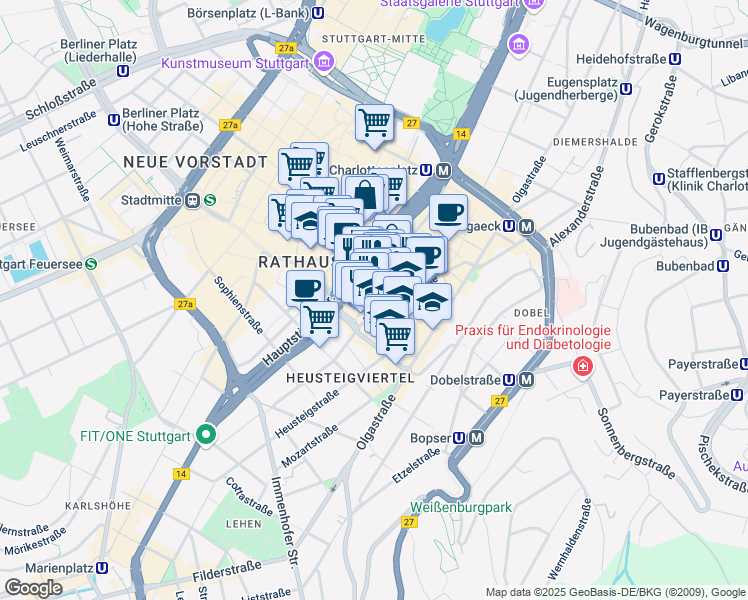 map of restaurants, bars, coffee shops, grocery stores, and more near 9 Leonhardstraße in Stuttgart