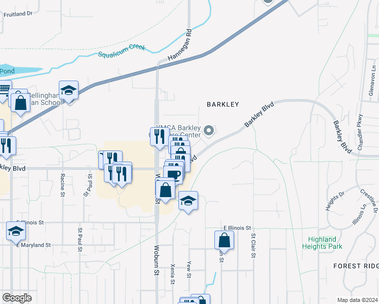 map of restaurants, bars, coffee shops, grocery stores, and more near Cornerstone Lane in Bellingham