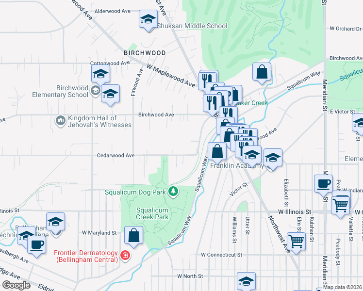 map of restaurants, bars, coffee shops, grocery stores, and more near 2614 Cedarwood Avenue in Bellingham