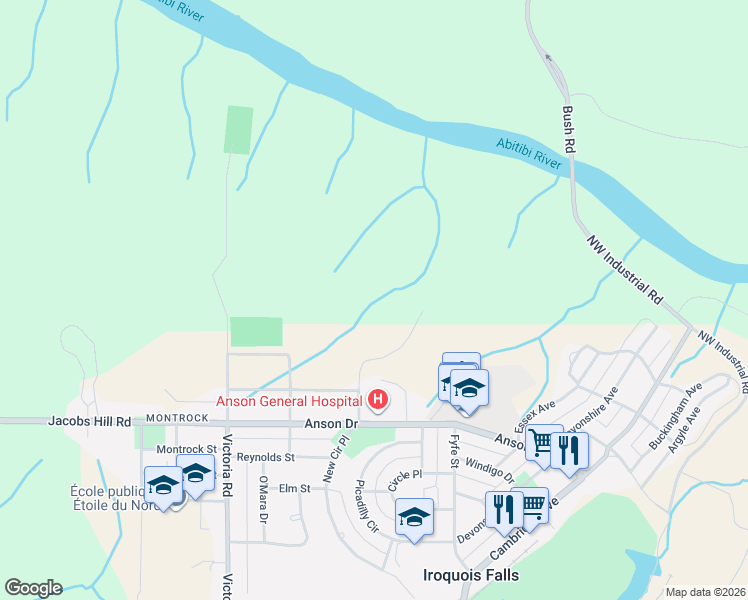 map of restaurants, bars, coffee shops, grocery stores, and more near in Iroquois Falls