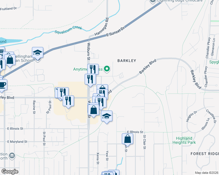 map of restaurants, bars, coffee shops, grocery stores, and more near 2314 Weatherby Way in Bellingham