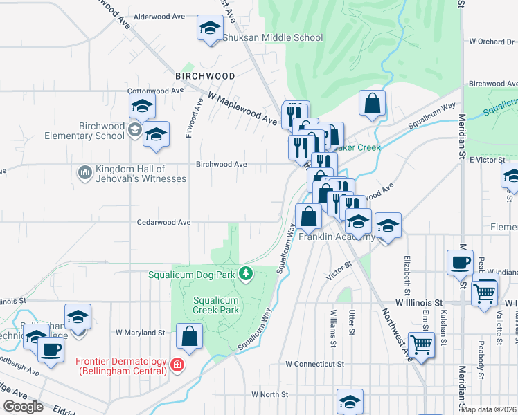 map of restaurants, bars, coffee shops, grocery stores, and more near 2614 Cedarwood Avenue in Bellingham