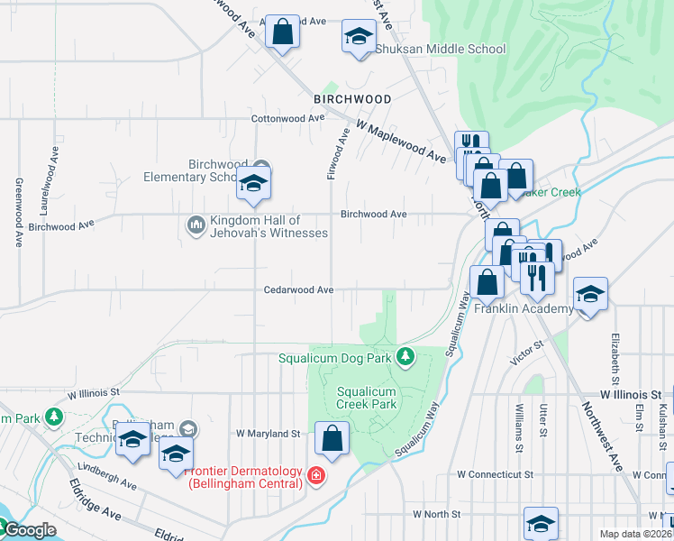 map of restaurants, bars, coffee shops, grocery stores, and more near 3115 Firwood Avenue in Bellingham