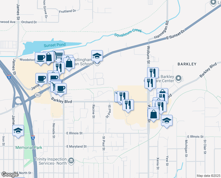 map of restaurants, bars, coffee shops, grocery stores, and more near 3118 Racine Street in Bellingham