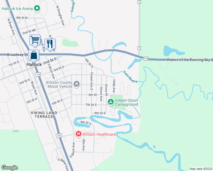 map of restaurants, bars, coffee shops, grocery stores, and more near 418 Grove Avenue in Hallock