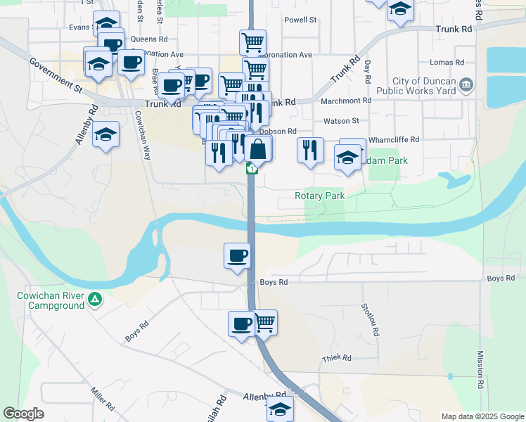 map of restaurants, bars, coffee shops, grocery stores, and more near 540 Island Highway in Duncan