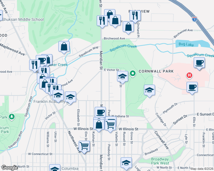 map of restaurants, bars, coffee shops, grocery stores, and more near 3135 Peabody Street in Bellingham