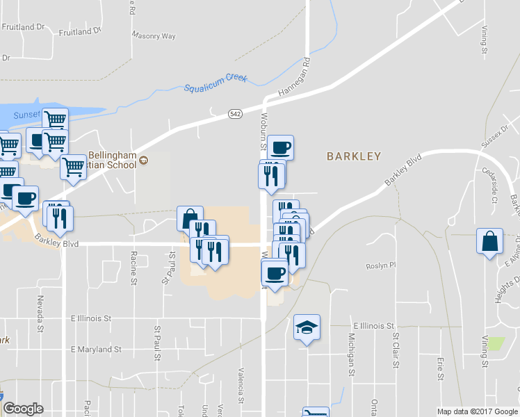 map of restaurants, bars, coffee shops, grocery stores, and more near 3245 Woburn Street in Bellingham